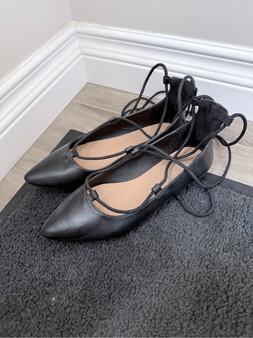 Black Lace-Up Pointed Toe Flats